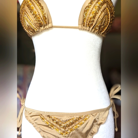 Handmade Columbian Embroidered and Beaded bikini. Sz. M. New. Gold - Picture 5 of 9